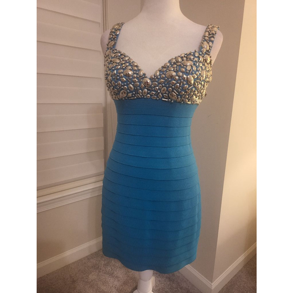 Designer Sherri Hill Embellished Bandage Turquoise Dress Size 4 - Picture 3 of 8